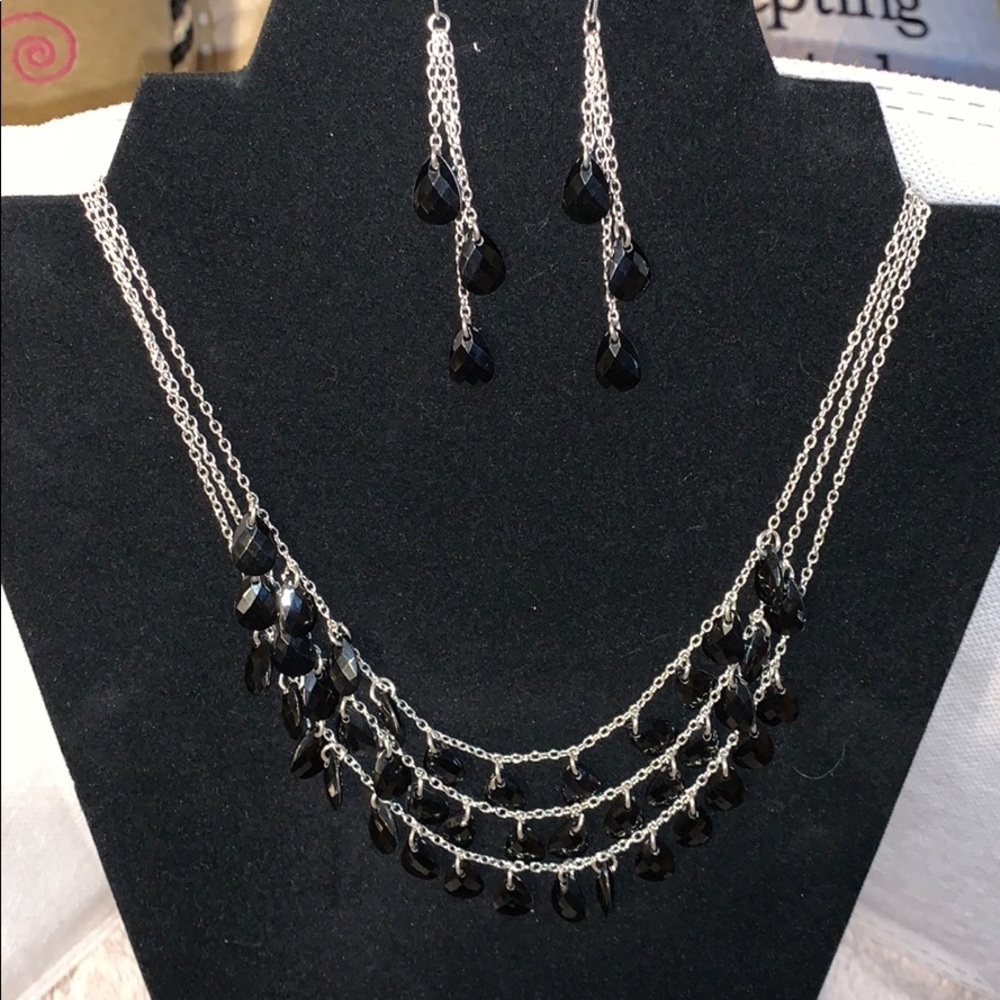 Vintage Silver & Jet Bead Necklace & Wire Earrings - Picture 1 of 6